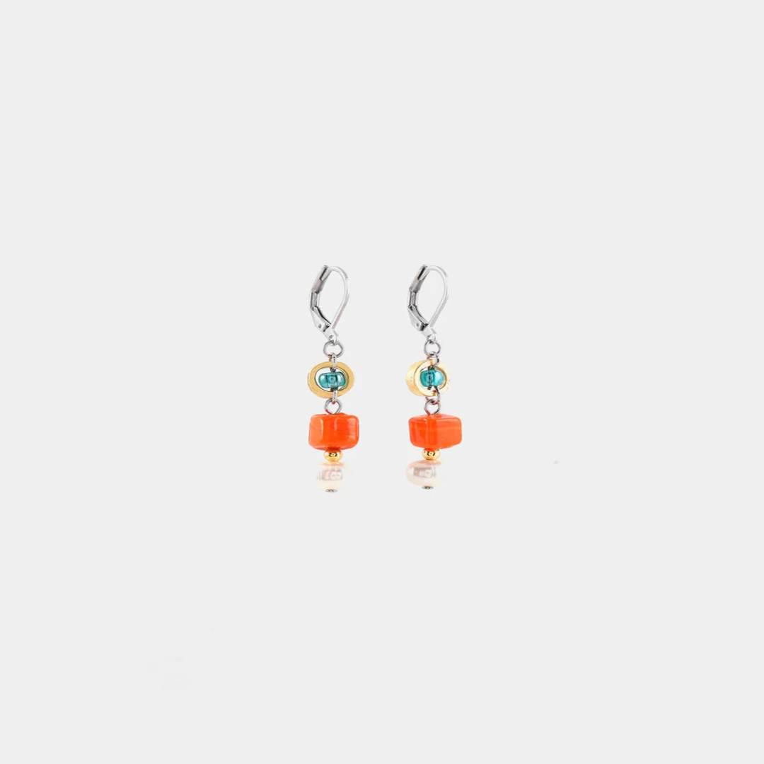 Short Two Toned earrings featuring pewter accents, colorful orange and blue glass beads, and a freshwater pearl 
