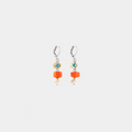 Short Two Toned earrings featuring pewter accents, colorful orange and blue glass beads, and a freshwater pearl 