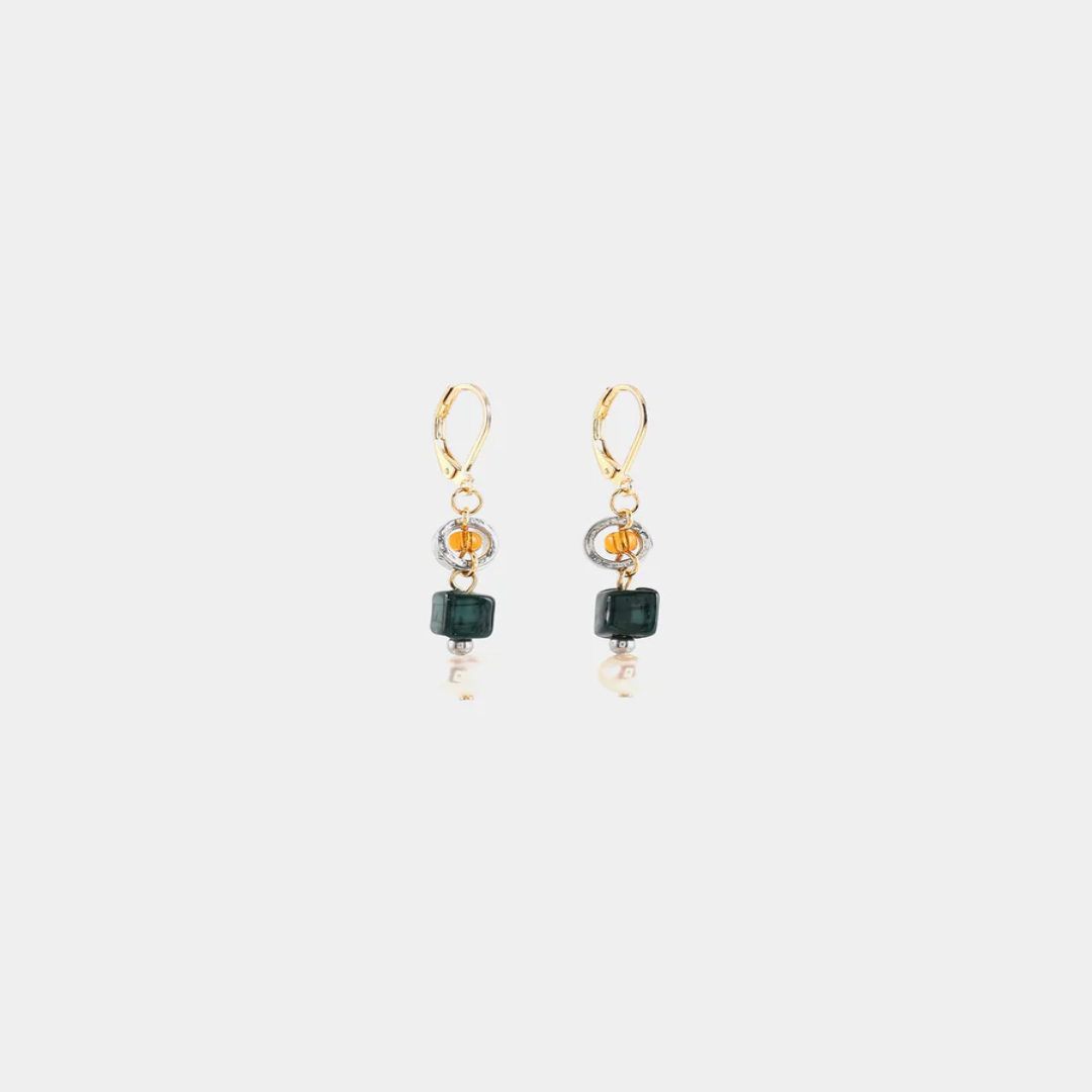 Short Two Toned earrings featuring pewter accents, colorful green and yellow glass beads, and a freshwater pearl 