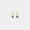 Short Two Toned earrings featuring pewter accents, colorful green and yellow glass beads, and a freshwater pearl 
