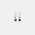 Short silver earrings featuring pewter accents, colorful Black glass beads, and a freshwater pearl