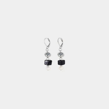 Short silver earrings featuring pewter accents, colorful Black glass beads, and a freshwater pearl