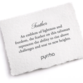 A Pyrrha note describing the Feather talisman. It reads, "An emblem of lightness and freedom, the feather on this talisman represents the ability to rise above challenges and soar to new heights."