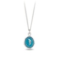 Sterling Silver necklace featuring a bright blue background beneath a Talisman depicting a large upright feather