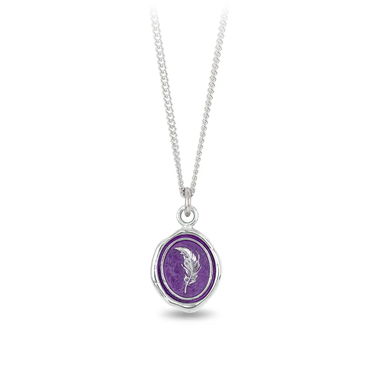 Sterling Silver Talisman with a violet background under a talisman depicting a feather