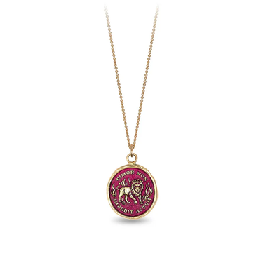 14k Yellow gold talisman necklace with a bright Red background depicting a lion standing in flames with the words "Timor Non Impedit Actum" written around the lion