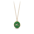 14k Yellow gold talisman necklace with a bright green background depicting a lion standing in flames with the words "Timor Non Impedit Actum" written around the lion