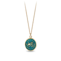 14k Yellow gold talisman necklace with a bright Blue background depicting a lion standing in flames with the words "Timor Non Impedit Actum" written around the lion