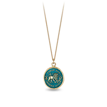 14k Yellow gold talisman necklace with a bright Blue background depicting a lion standing in flames with the words "Timor Non Impedit Actum" written around the lion