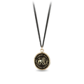 Black sterling silver necklace with a 14k yellow gold talisman depicting a Lion standing around flames with the words "Timor Non Impedit Actum" wriiten around the lion
