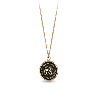 14k Yellow gold necklace with a gold talisman depicting a Lion standing around flames with the words "Timor Non Impedit Actum" wriiten around the lion