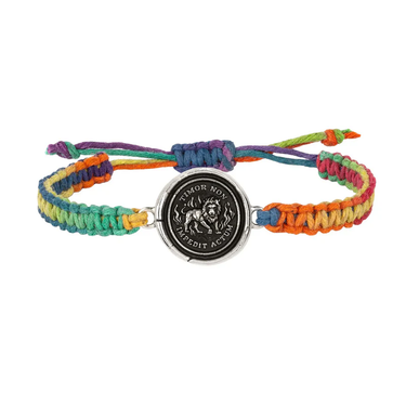 Rainbow braided Bracelet with a Sterling Silver talisman depicting a lion surrounded by flames and including the words "Timor Non Impedit Actum"