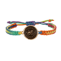 Rainbow braided Bracelet with a Bronze talisman depicting a lion surrounded by flames and including the words "Timor Non Impedit Actum"