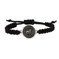 Black braided Bracelet with a Sterling Silver talisman depicting a lion surrounded by flames and including the words "Timor Non Impedit Actum"