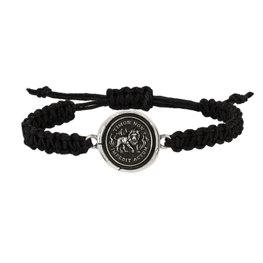 Black braided Bracelet with a Sterling Silver talisman depicting a lion surrounded by flames and including the words "Timor Non Impedit Actum"
