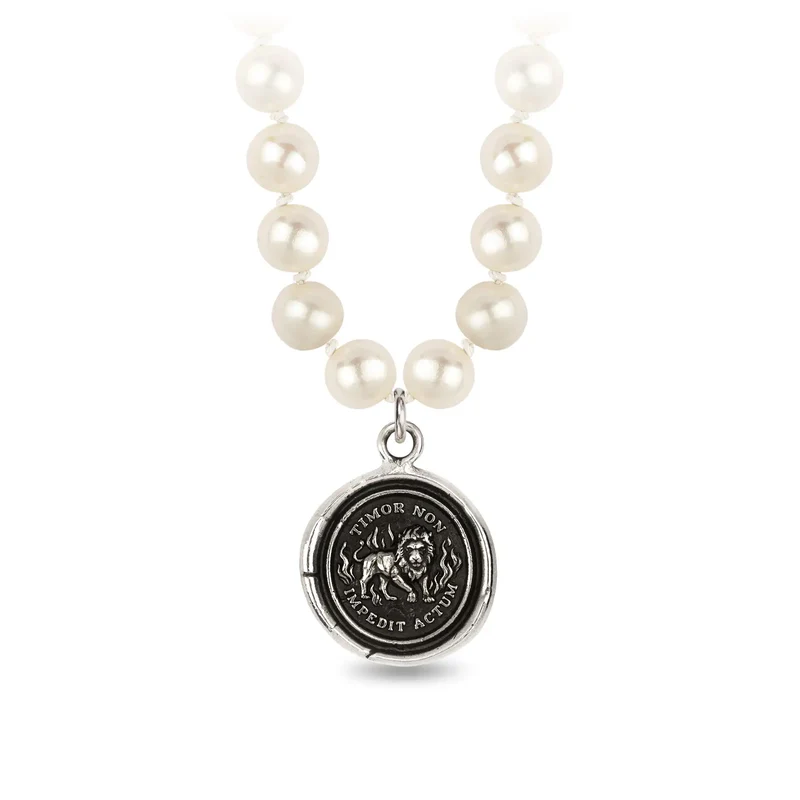 Sterling Silver Talisman Necklace With Ivory freshwater Pearls, and a talisman depicting a Lion surrounded by flames with the words "Timor Non Impedit Actum" written around it