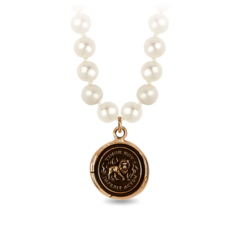 Bronze Talisman Necklace With Ivory freshwater Pearls, and a talisman depicting a Lion surrounded by flames with the words "Timor Non Impedit Actum" written around it