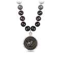 Sterling Silver Talisman Necklace With Peacock Black freshwater Pearls, and a talisman depicting a Lion surrounded by flames with the words "Timor Non Impedit Actum" written around it