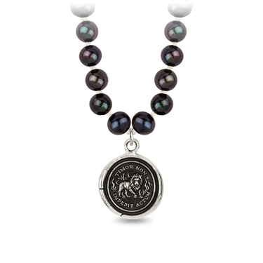 Sterling Silver Talisman Necklace With Peacock Black freshwater Pearls, and a talisman depicting a Lion surrounded by flames with the words "Timor Non Impedit Actum" written around it