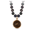 Bronze Talisman Necklace With Peacock Black freshwater Pearls, and a talisman depicting a Lion surrounded by flames with the words "Timor Non Impedit Actum" written around it