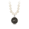 Sterling Silver Talisman Necklace With Ivory freshwater Pearls, and a talisman depicting a Lion surrounded by flames with the words "Timor Non Impedit Actum" written around it