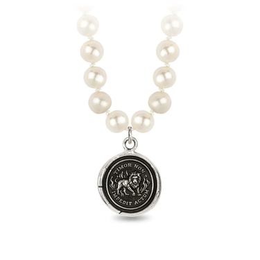 Sterling Silver Talisman Necklace With Ivory freshwater Pearls, and a talisman depicting a Lion surrounded by flames with the words "Timor Non Impedit Actum" written around it