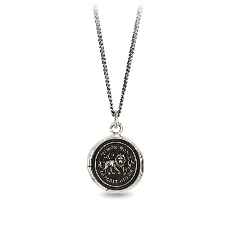 Sterling Silver Talisman Necklace depicting a Lion surrounded by flames, with the words "Timor Non Impedit Actum" written around it