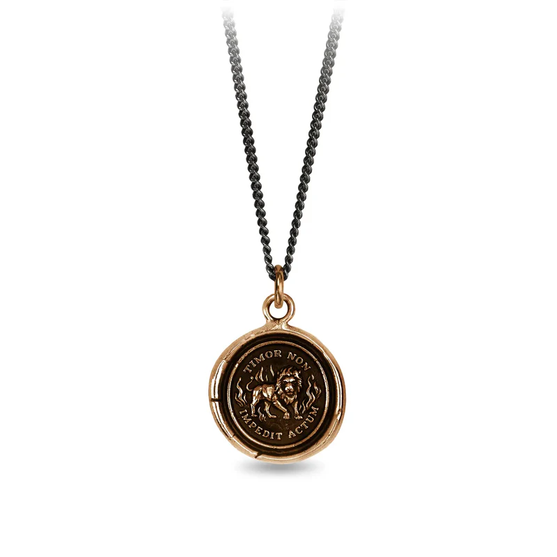Bronze Talisman Necklace depicting a Lion surrounded by flames, with the words "Timor Non Impedit Actum" written around it