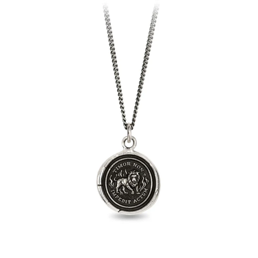 Sterling Silver Talisman Necklace depicting a Lion surrounded by flames, with the words "Timor Non Impedit Actum" written around it