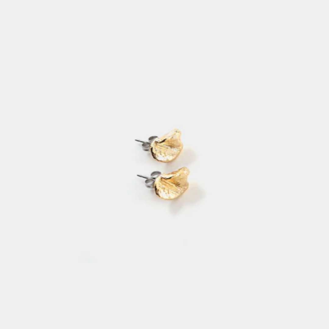 Gold pewter stud earrings sculpted into a petal shape