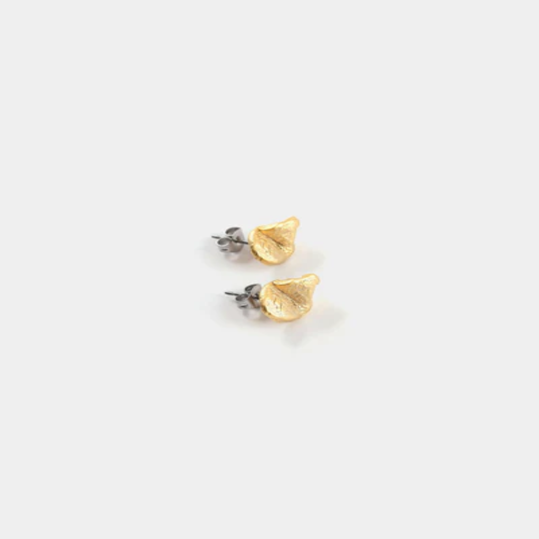Matte Gold pewter stud earrings sculpted into a petal shape