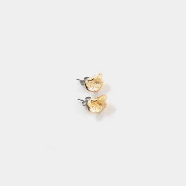 Gold pewter stud earrings sculpted into a petal shape