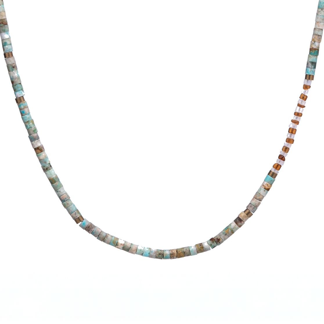 necklace featuring a striking combination of brass-edged Turquoise, Hessonite, and Moonstone beads, with a brass toggle clasp and a 14K gold-plated brass spike charm.