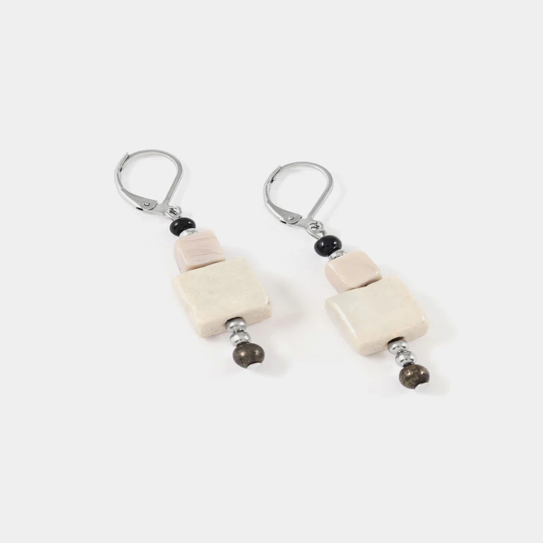 Short silver earrings adorned with colorful White geometric pieces