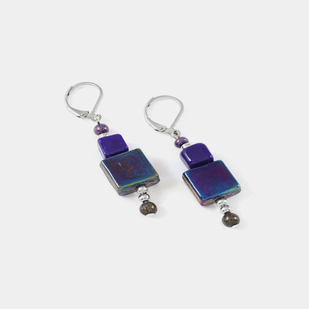 Short silver earrings adorned with colorful Deep Blue geometric pieces