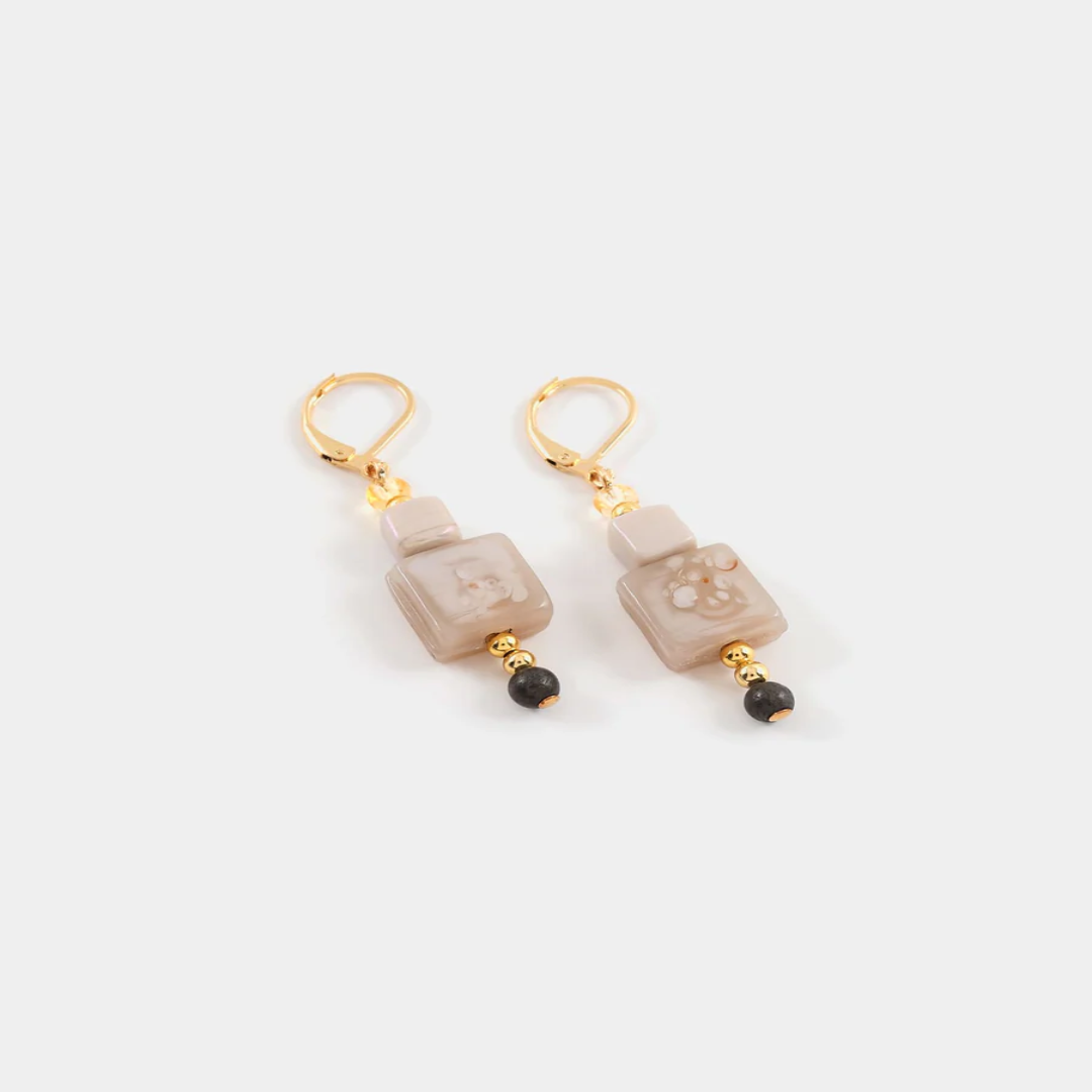 Short Gold earrings adorned with colorful Light Pink geometric pieces