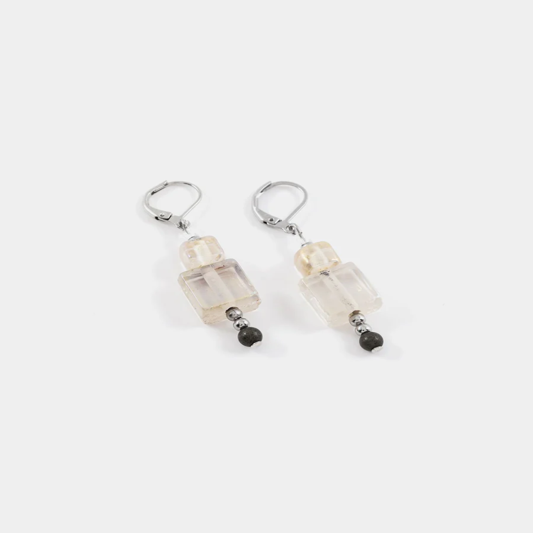 Short silver earrings adorned with colorful White geometric pieces