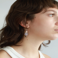 Short silver earrings adorned with colorful White geometric pieces | on model