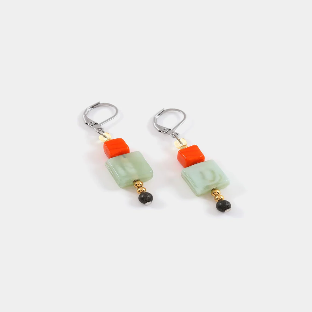 Short Two Toned earrings adorned with colorful Orange and Green geometric pieces