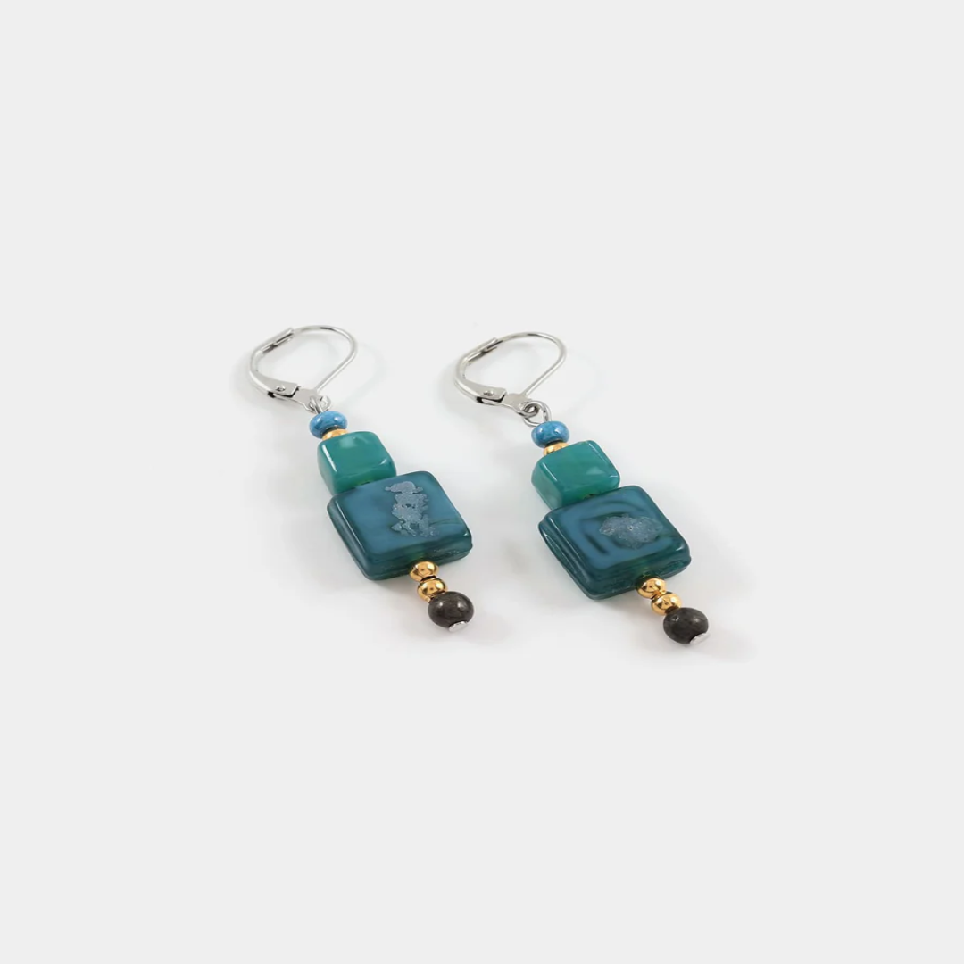Short Two Toned earrings adorned with colorful Deep blue and green geometric pieces
