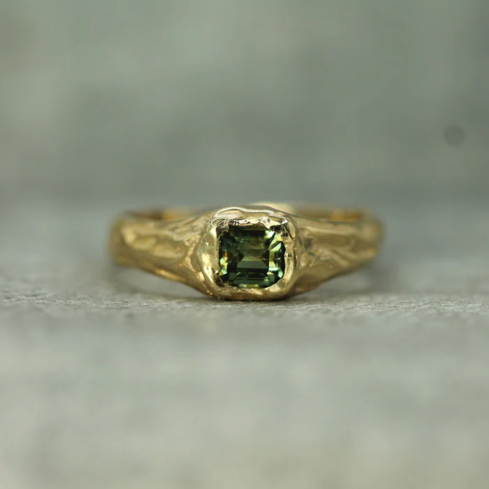 14k Yellow Gold Signet Ring featuring a .75ct Forest Green Sapphire