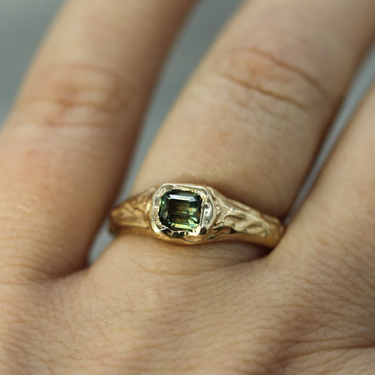 14k Yellow Gold Signet Ring featuring a .75ct Forest Green Sapphire | on model