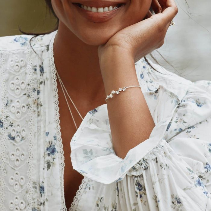 Silver Bracelet with 5 Tiny Bluebell Flowers | On Model