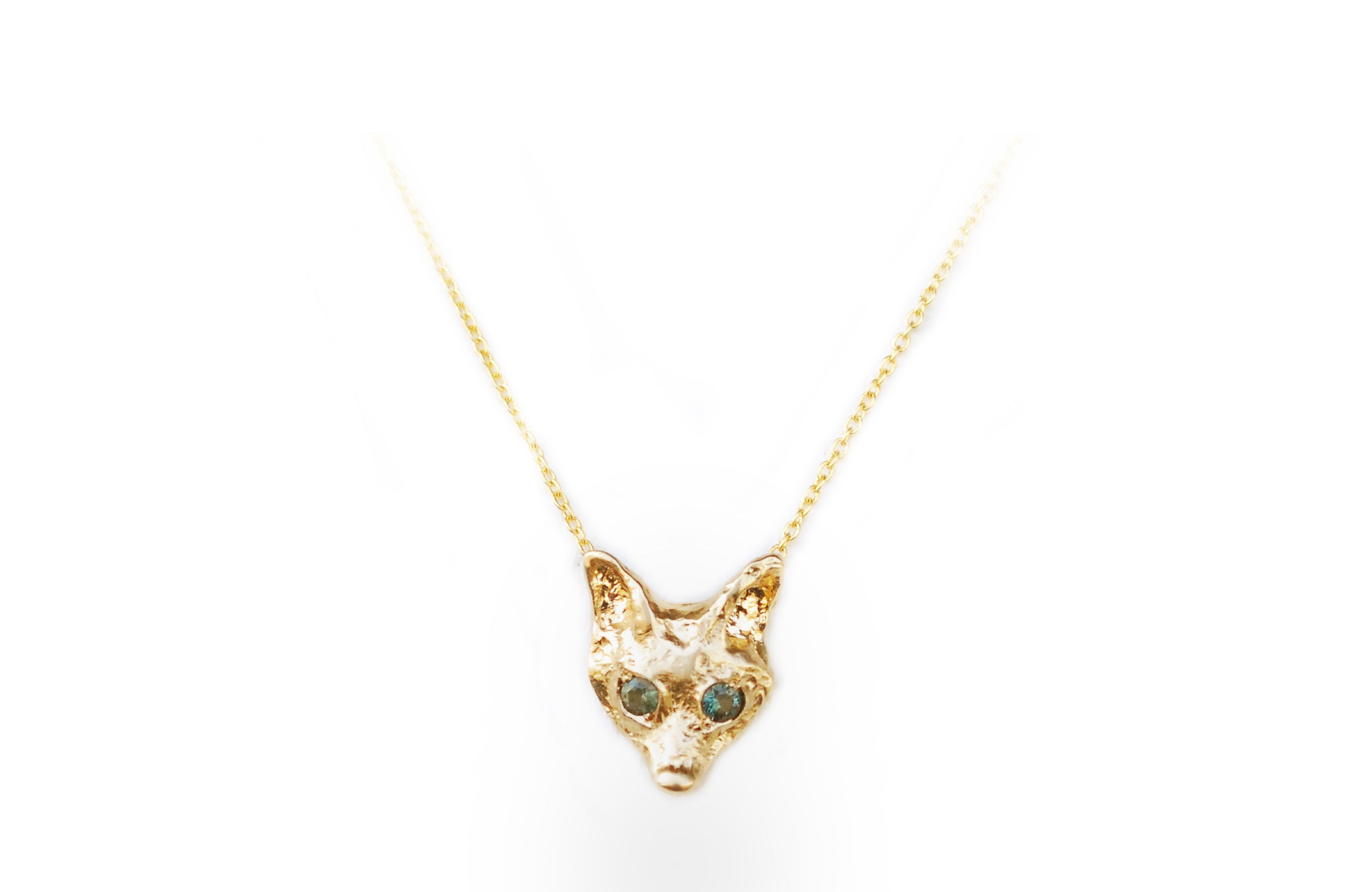Fox Necklace in 14k yellow gold, with 2 green sapphires .09tcw, on a 16" chain