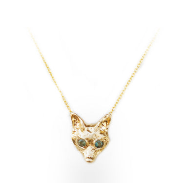 Fox Necklace in 14k yellow gold, with 2 green sapphires .09tcw, on a 16" chain