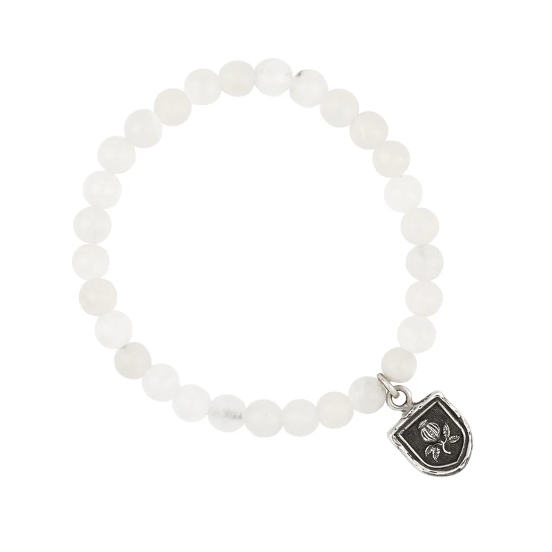 Sterling Silver Talisman Bracelet with White Jade Beads and a talisman depicting a pomegranate plant