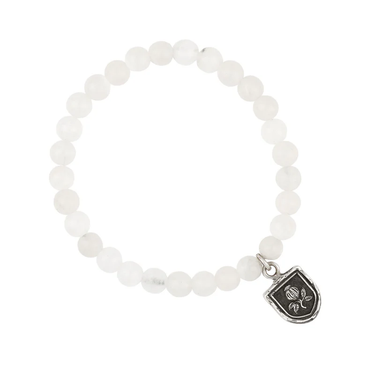 Sterling Silver Talisman Bracelet with White Jade Beads and a talisman depicting a pomegranate plant