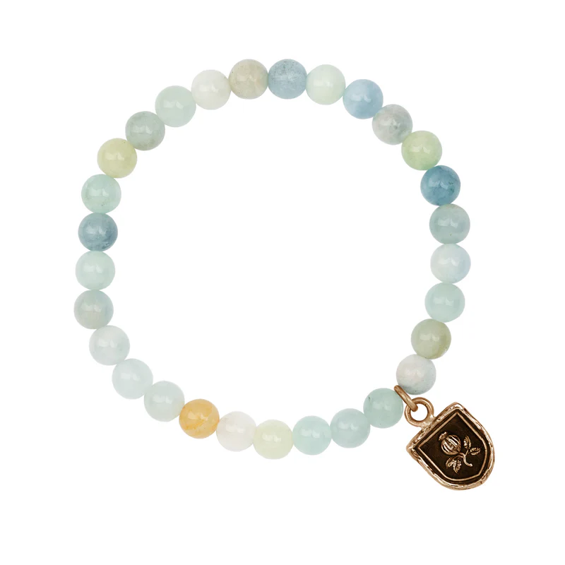 Bronze Talisman Bracelet with Sea toned Aquamarine Beads and a talisman depicting a pomegranate plant