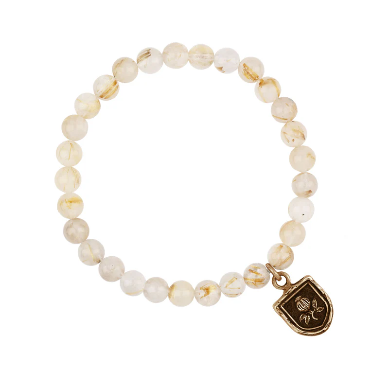 Bronze Talisman Bracelet with Rutilated Quartz Beads and a talisman depicting a pomegranate plant