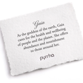 A Pyrrha note describing the Gaia Talisman. It reads, "As the goddess of the earth, Gaia cares for the health and wellbeing of people and the planet. She offers abundance and nourishment to those around her.